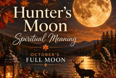 Golden Hunter’s Moon over an autumn lake with colorful fall leaves.