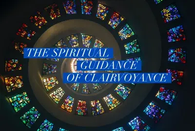 rainbow spiral window with blue and white text "The spiritual side of clairvoyance"