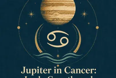 Gold Jupiter and Cancer symbol with moon and wave details on a deep blue background.