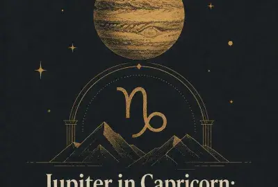 Gold Jupiter and Capricorn symbol above mountain peaks on a charcoal background.
