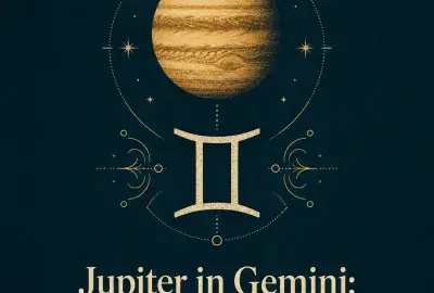 Gold Jupiter and Gemini symbol on a deep teal background.