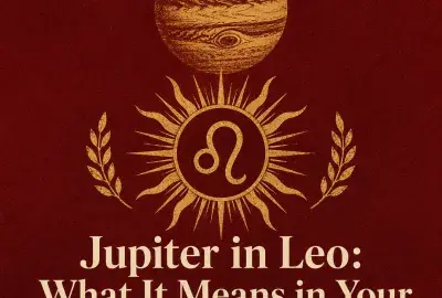 Gold Jupiter and Leo symbol with sun rays on a deep red background.