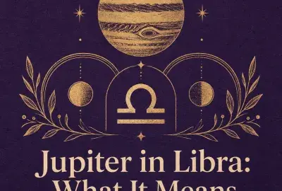Gold Jupiter and Libra symbol with balanced celestial details on a deep violet background.