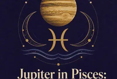 Gold Jupiter and Pisces symbol on a deep violet background.