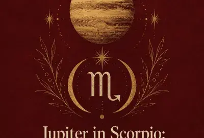 Gold Jupiter and Scorpio symbol on a deep burgundy background.