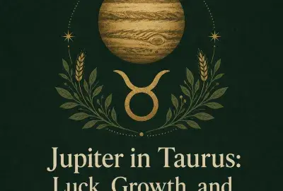 Gold Jupiter and Taurus symbol with botanical details on a deep green background.