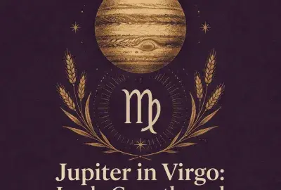 Gold Jupiter and Virgo symbol with wheat on a deep purple background.
