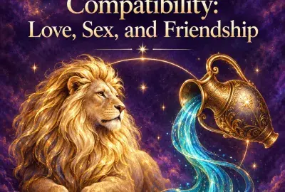 Golden lion beside an urn pouring blue water
