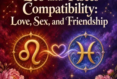 Leo and Pisces symbols joined by a glowing heart