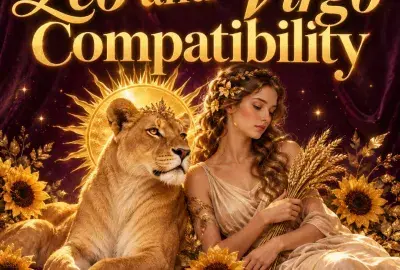 Golden lioness with a sun beside a maiden holding wheat