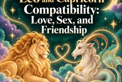 Whimsical golden lion and sea-goat representing Leo and Capricorn compatibility.
