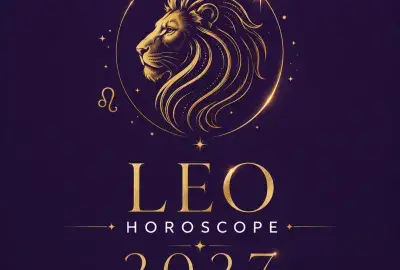 Gold Leo lion and zodiac symbol on a dark violet background with “Leo Horoscope 2027: Your Complete Year Ahead.”