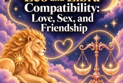 Whimsical golden lion and celestial scales representing Leo and Libra compatibility.