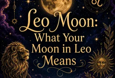 Celestial Leo Moon graphic with a glowing full moon, Leo symbol, golden lion, stars, and sun motifs.