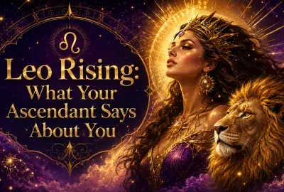 Celestial Leo Rising image with a regal woman, a lion, and glowing gold astrology details against a purple cosmic sky.