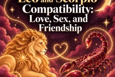 Whimsical golden lion and ruby scorpion representing Leo and Scorpio compatibility.