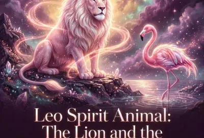 Glowing lion and pink flamingo under a starry sky
