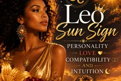 Leo Sun Sign astrology graphic featuring a woman, Leo symbol, radiant sun, golden lion, celestial stars, and flowers with the title Personality, Love, Compatibility and Intuition.