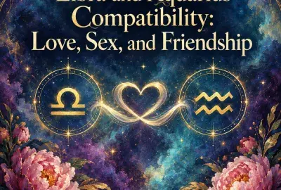 Libra and Aquarius symbols joined by a glowing heart with peonies