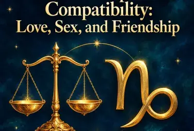 Gold Libra scales beside the Capricorn symbol on deep blue