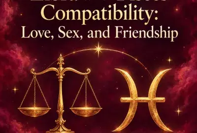 Gold Libra scales beside the Pisces symbol on crimson