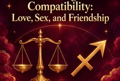 Gold Libra scales beside the Sagittarius arrow on crimson
