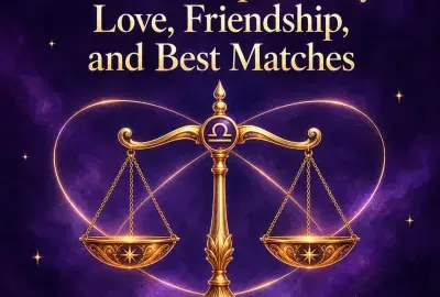 Golden scales wrapped in a glowing heart ribbon on violet