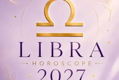 Gold Libra zodiac symbol on a soft lavender background with “Libra Horoscope 2027: Your Complete Year Ahead.”