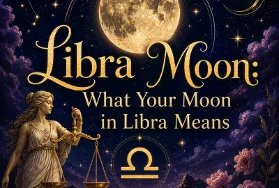 Celestial Libra Moon graphic with a glowing full moon, Libra symbol, golden scales, stars, mountains, and purple flowers.