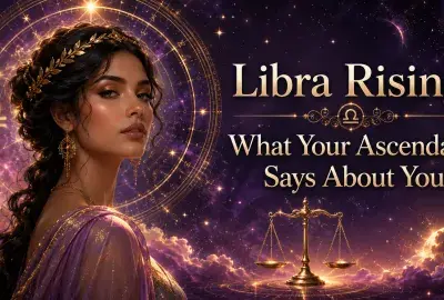Celestial Libra Rising image with an elegant woman, golden scales, and glowing astrology details against a purple cosmic background.