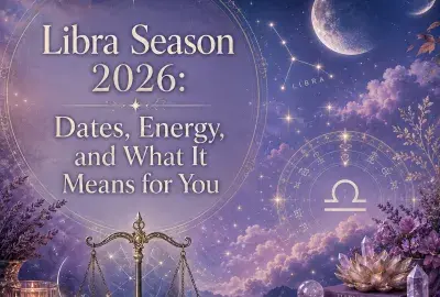 Celestial Libra Season 2026 image featuring balanced scales, the Libra zodiac symbol, stars, moon, lavender clouds, crystals, and candles.