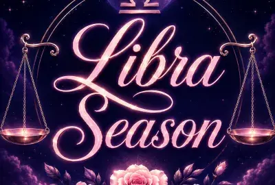 Libra Season astrology graphic with glowing pink script, Libra scales, roses, and a deep violet celestial background.