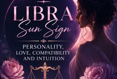 Libra Sun Sign astrology graphic featuring a woman, Libra scales, roses, and celestial imagery representing personality, love, compatibility, and intuition.