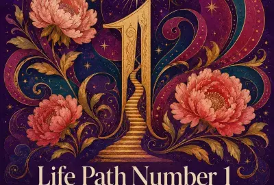 Golden number 1 with a rising staircase, sun, coral peonies, and swirling ribbons.
