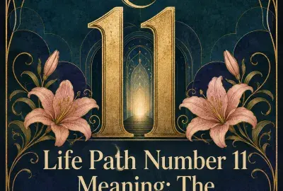 Golden number 11 framed by pink lilies beneath a crescent moon.