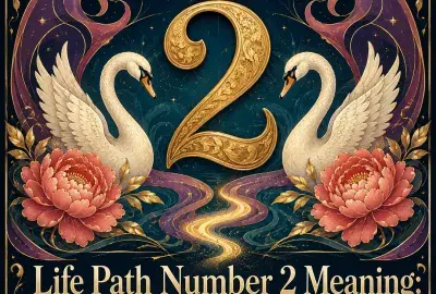 Golden number 2 between two white swans, peonies, a crescent moon, and mystical swirls.