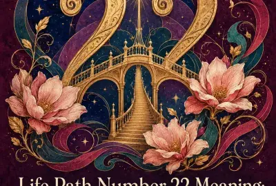 Golden number 22 above an ornate bridge and staircase, surrounded by magnolias and swirling ribbons.
