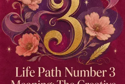 Golden number 3 surrounded by pink flowers, flowing ribbons, stars, and a quill.
