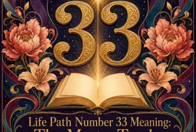Golden number 33 above a glowing open book, surrounded by flowers, stars, and mystical swirls.