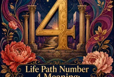Golden number 4 framed by pillars, peonies, stars, and jewel-toned swirls.