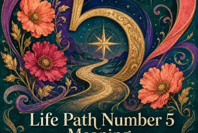 Golden number 5 with a winding road, compass star, flowers, and swirling ribbons.