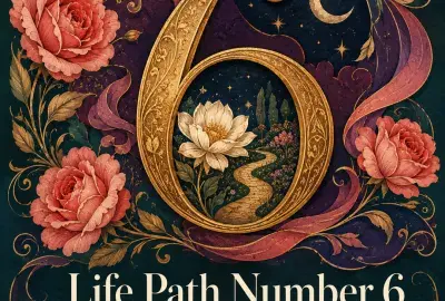 Golden number 6 enclosing a moonlit garden, surrounded by coral roses and swirling ribbons.