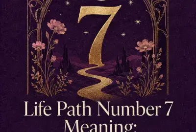 Golden number 7 and winding path beneath a crescent moon and flowers.