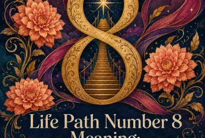 Golden number 8 with a rising staircase, coral flowers, and swirling ribbons.