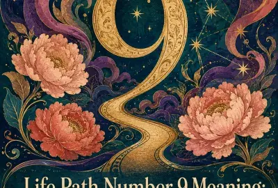 Golden number 9 forming a winding road surrounded by coral peonies and swirling stars.