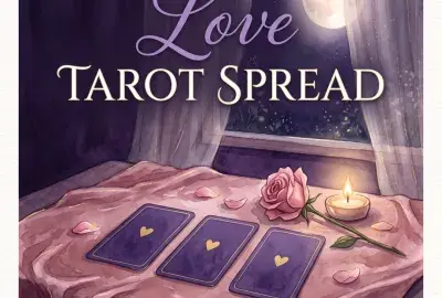 Love tarot spread: three tarot cards on rose velvet beside a pink rose, a candle and the full moon