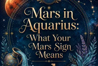 Mars in Aquarius astrology image with the Aquarius zodiac symbol, Mars planet, constellation, flowing water, and celestial botanical details
