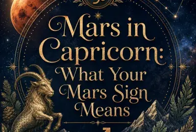 Mars in Capricorn astrology image with the Capricorn zodiac symbol, Mars planet, constellation, mountain goat, and evergreen details
