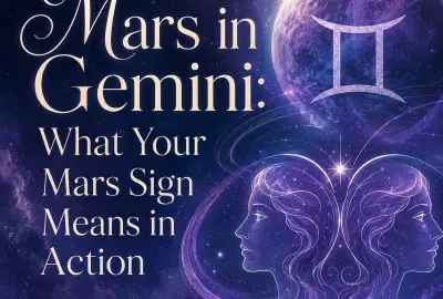 Mars in Gemini astrology image with Gemini symbol and celestial twins, representing what your Mars sign means in action.