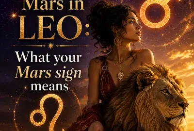 Mars in Leo astrology image with Leo symbol, Mars, lion, and confident woman representing bold action and self-expression.